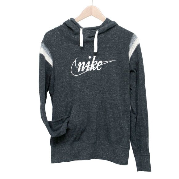 Nike Hoodie Organic Cotton Drawstring Hood Kangaroo Pocket Grey White Stretch - Picture 2 of 5